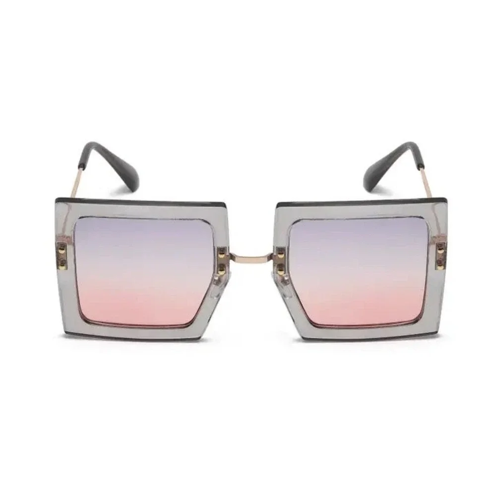 Womens Oversized Square Sunglasses Grey Gradient Purple Pink Lens Gold Metal New